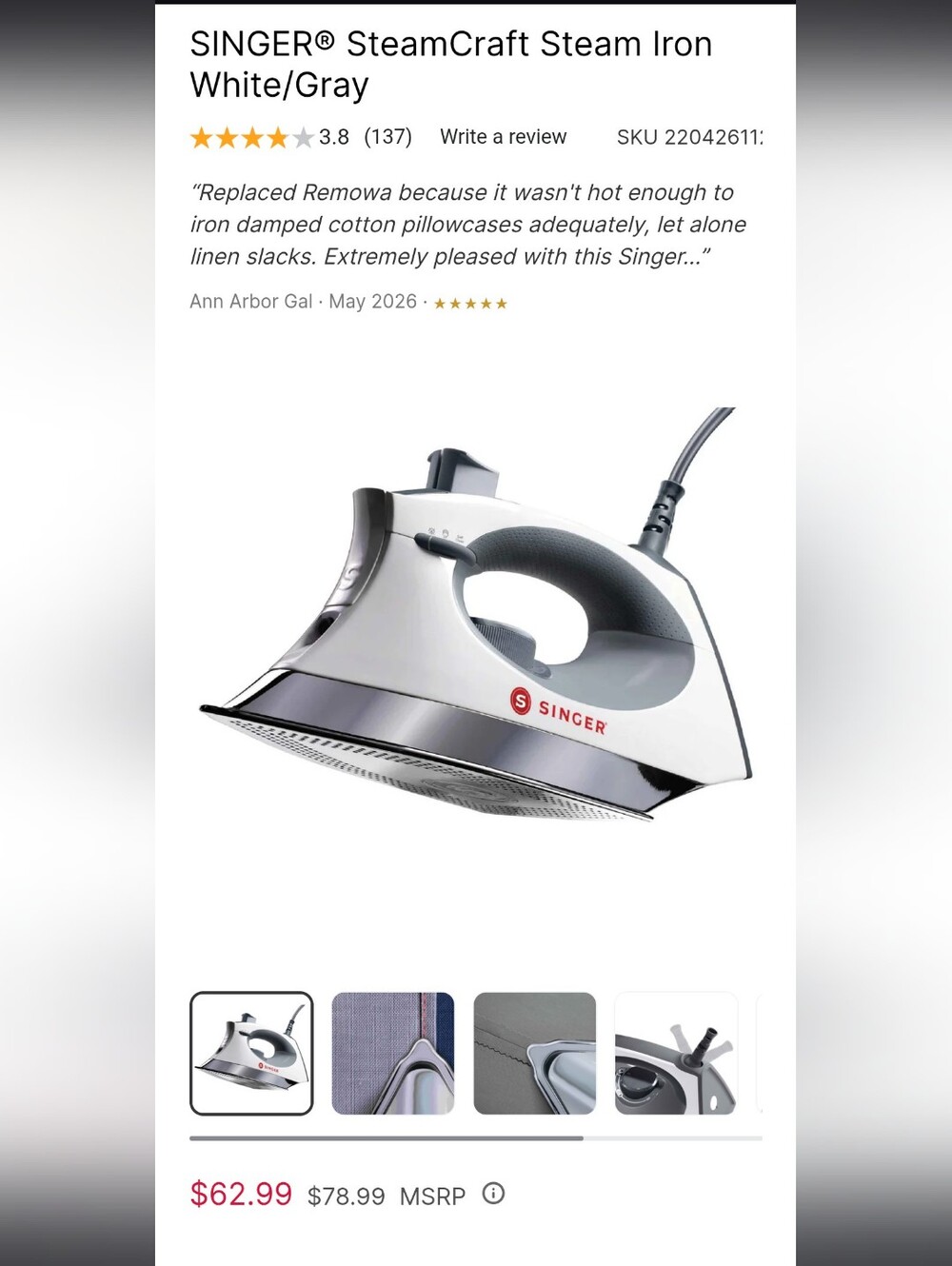 Singer Steamcraft Iron Self Cleaning White Grey